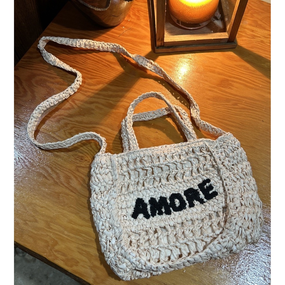 Universal Thread Amore Off-White Crocheted Raffia Top Handle Embroidered Bag